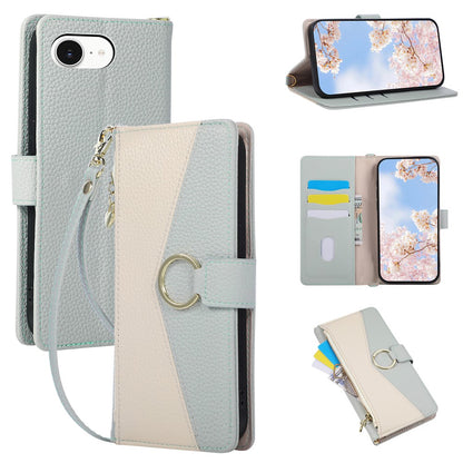 Wallet Case for iPhone 17e  /  16e Triangular Splicing Zipper Leather Flip Cover with Wrist Strap