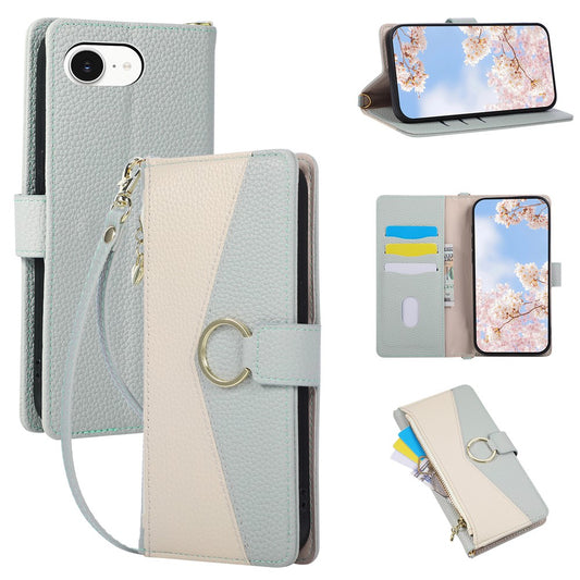 Wallet Case for iPhone 17e  /  16e Triangular Splicing Zipper Leather Flip Cover with Wrist Strap