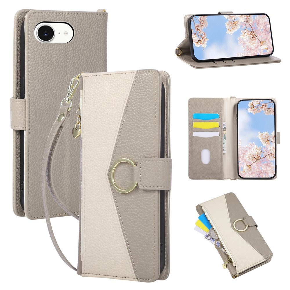 Wallet Case for iPhone 17e  /  16e Triangular Splicing Zipper Leather Flip Cover with Wrist Strap