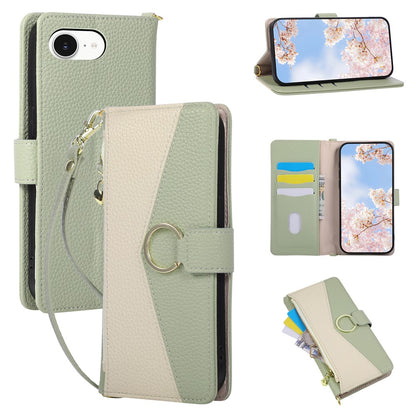 Wallet Case for iPhone 17e  /  16e Triangular Splicing Zipper Leather Flip Cover with Wrist Strap