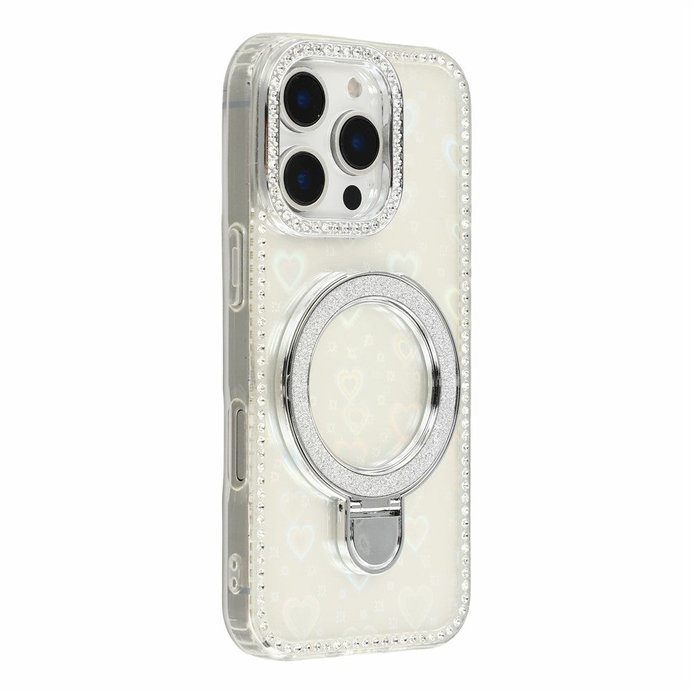 For iPhone 16 Pro Max Case Kickstand Rhinestone Edge Glitter Back TPU + PC IMD Phone Cover