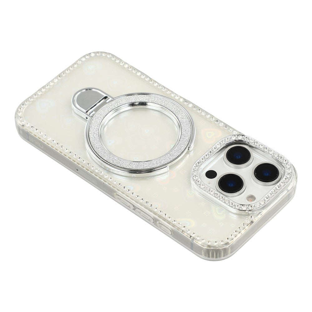 For iPhone 16 Pro Max Case Kickstand Rhinestone Edge Glitter Back TPU + PC IMD Phone Cover