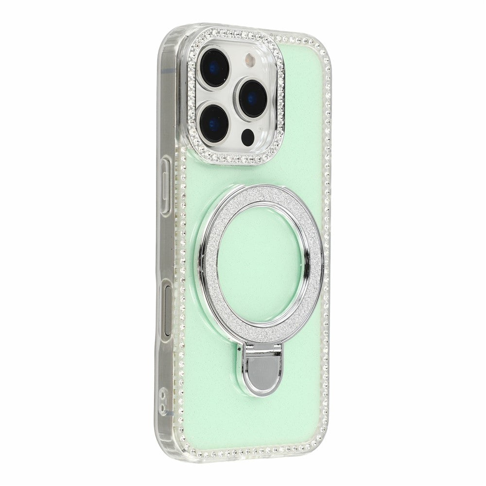 For iPhone 16 Pro Max Case Kickstand Rhinestone Edge Glitter Back TPU + PC IMD Phone Cover