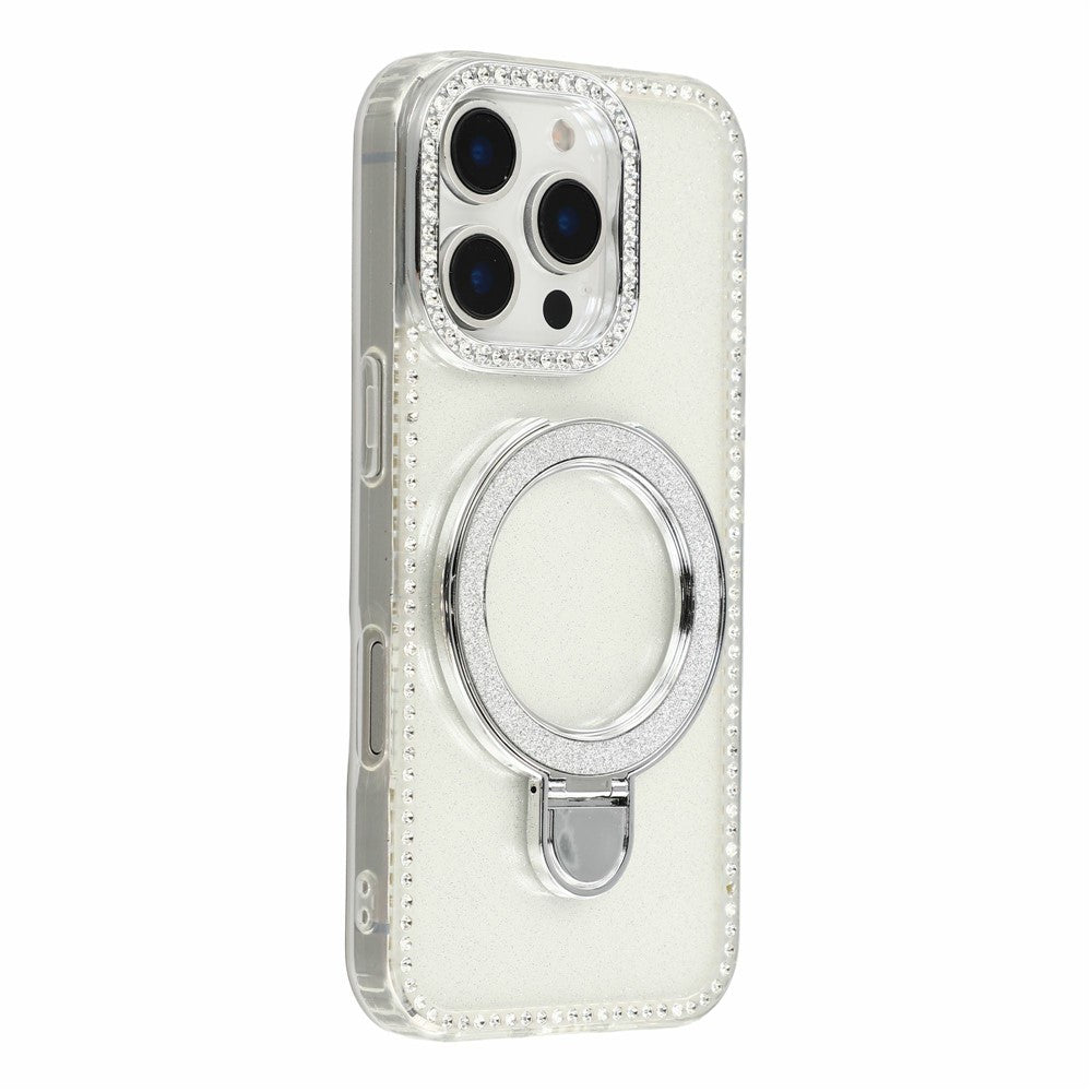 For iPhone 16 Pro Max Case Kickstand Rhinestone Edge Glitter Back TPU + PC IMD Phone Cover