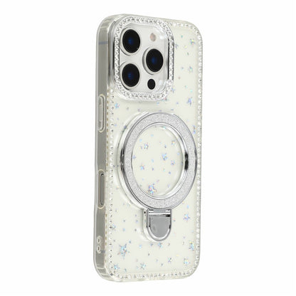 For iPhone 16 Pro Max Case Kickstand Rhinestone Edge Glitter Back TPU + PC IMD Phone Cover