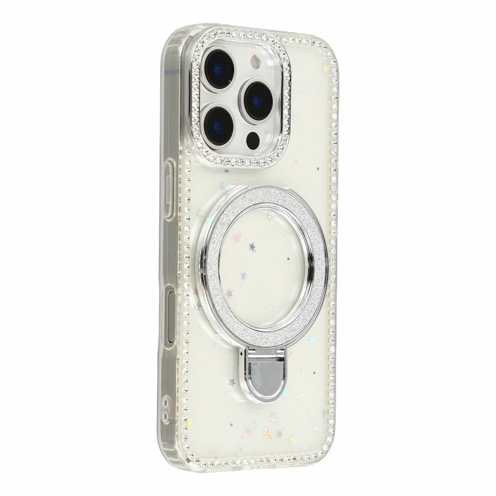 For iPhone 16 Pro Max Case Kickstand Rhinestone Edge Glitter Back TPU + PC IMD Phone Cover