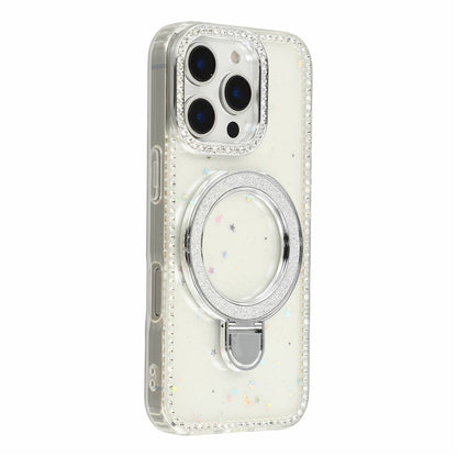 For iPhone 16 Pro Max Case Kickstand Rhinestone Edge Glitter Back TPU + PC IMD Phone Cover