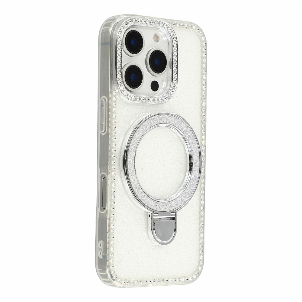 For iPhone 16 Pro Max Case Kickstand Rhinestone Edge Glitter Back TPU + PC IMD Phone Cover