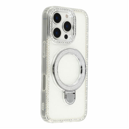 For iPhone 16 Pro Max Case Kickstand Rhinestone Edge Glitter Back TPU + PC IMD Phone Cover