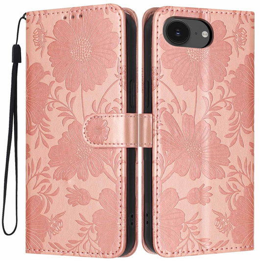 Wallet Case For iPhone 17e  /  16e Imprint Floral PU Leather Stand Flip Phone Cover with Wrist Strap