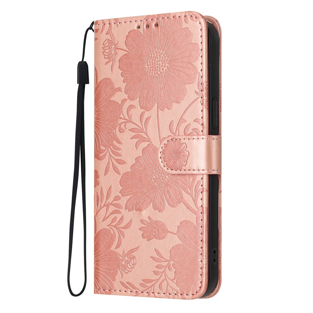 Wallet Case For iPhone 17e  /  16e Imprint Floral PU Leather Stand Flip Phone Cover with Wrist Strap