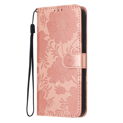 Wallet Case For iPhone 17e  /  16e Imprint Floral PU Leather Stand Flip Phone Cover with Wrist Strap