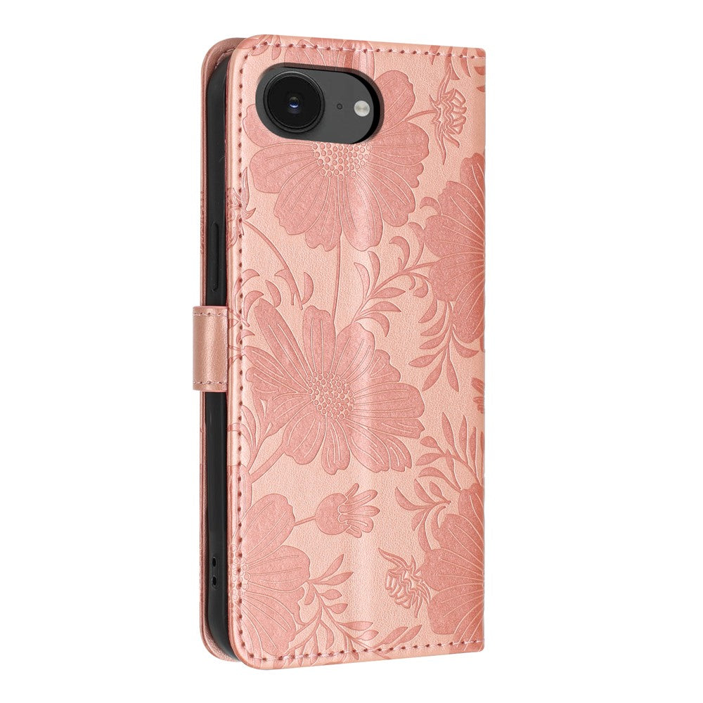 Wallet Case For iPhone 17e  /  16e Imprint Floral PU Leather Stand Flip Phone Cover with Wrist Strap