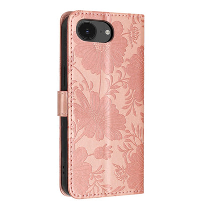 Wallet Case For iPhone 17e  /  16e Imprint Floral PU Leather Stand Flip Phone Cover with Wrist Strap