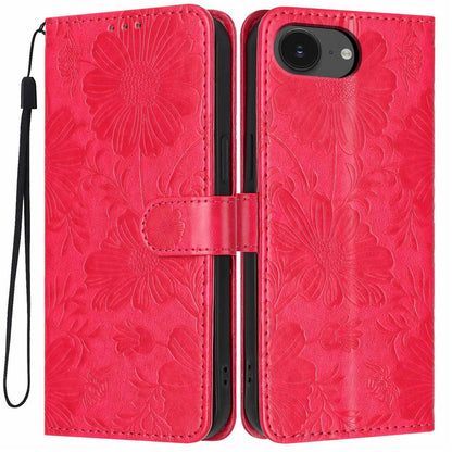 Wallet Case For iPhone 17e  /  16e Imprint Floral PU Leather Stand Flip Phone Cover with Wrist Strap