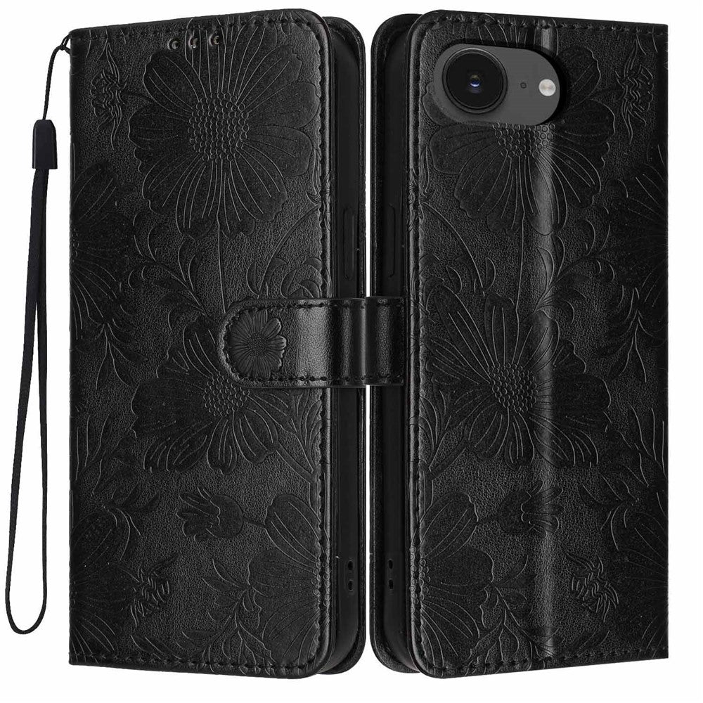 Wallet Case For iPhone 17e  /  16e Imprint Floral PU Leather Stand Flip Phone Cover with Wrist Strap