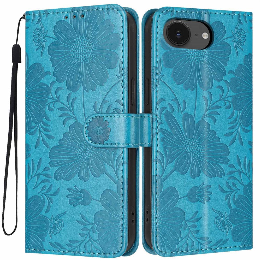 Wallet Case For iPhone 17e  /  16e Imprint Floral PU Leather Stand Flip Phone Cover with Wrist Strap