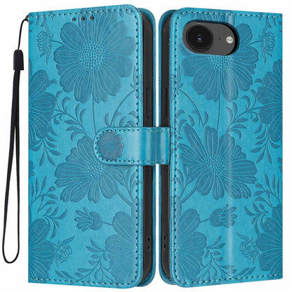 Wallet Case For iPhone 17e  /  16e Imprint Floral PU Leather Stand Flip Phone Cover with Wrist Strap