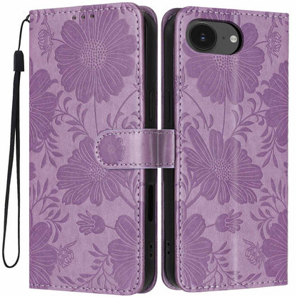 Wallet Case For iPhone 17e  /  16e Imprint Floral PU Leather Stand Flip Phone Cover with Wrist Strap