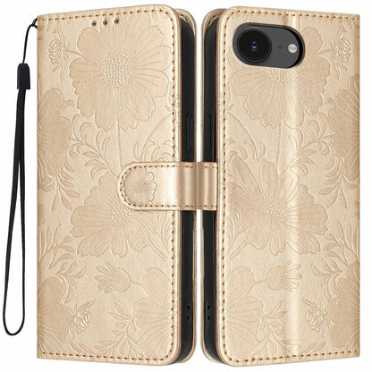 Wallet Case For iPhone 17e  /  16e Imprint Floral PU Leather Stand Flip Phone Cover with Wrist Strap