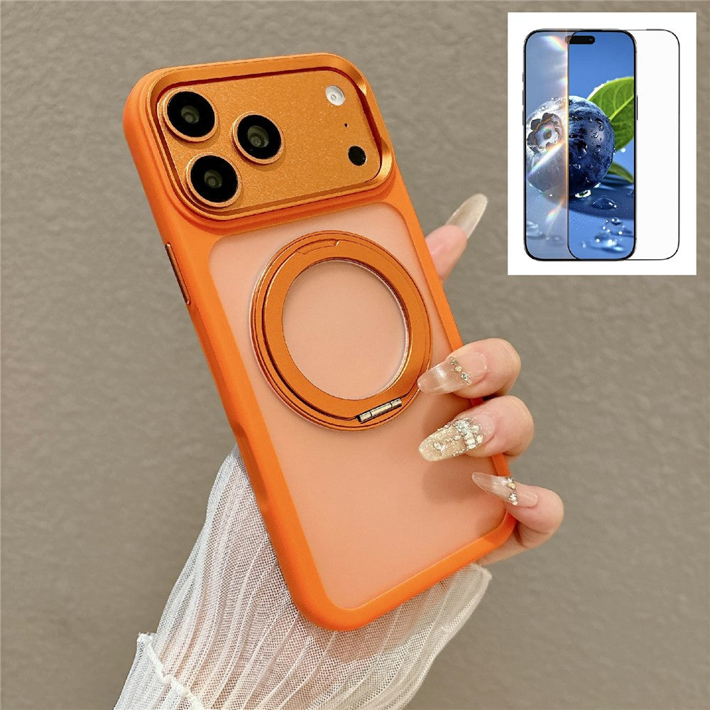 For iPhone 17 Pro Magnetic Case with Tempered Glass 360° Ring Kickstand Matte Translucent Cover Compatible with MagSafe