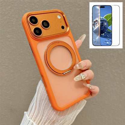 For iPhone 17 Pro Magnetic Case with Tempered Glass 360° Ring Kickstand Matte Translucent Cover Compatible with MagSafe