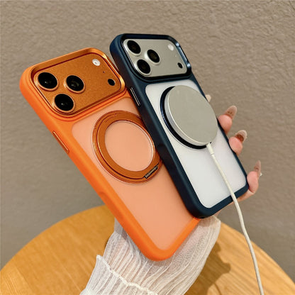 For iPhone 17 Pro Magnetic Case with Tempered Glass 360° Ring Kickstand Matte Translucent Cover Compatible with MagSafe