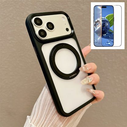 For iPhone 17 Pro Magnetic Case with Tempered Glass 360° Ring Kickstand Matte Translucent Cover Compatible with MagSafe