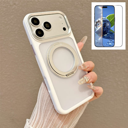 For iPhone 17 Pro Magnetic Case with Tempered Glass 360° Ring Kickstand Matte Translucent Cover Compatible with MagSafe