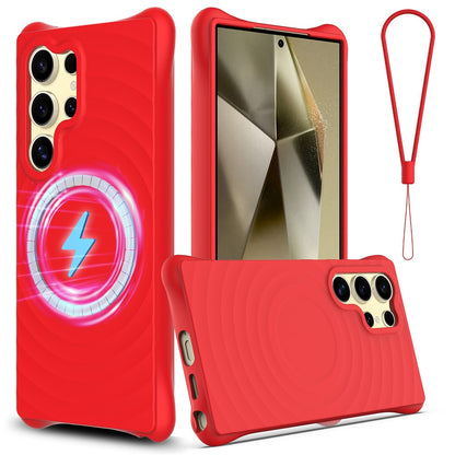 For Samsung Galaxy S26 Ultra Magnetic Case Ripple Texture Liquid Silicone Protective Cover with Strap