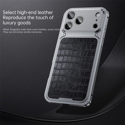 For iPhone 17 Pro Magnetic Case Metal Spring Buckle Leather Coated TPU Phone Cover