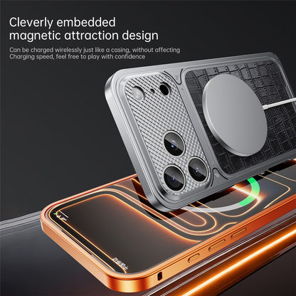 For iPhone 17 Pro Magnetic Case Metal Spring Buckle Leather Coated TPU Phone Cover