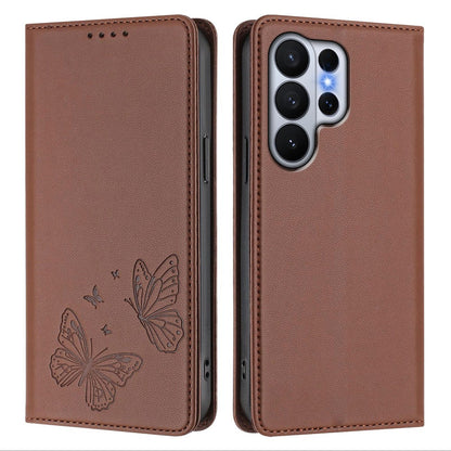 For Samsung Galaxy S26 Ultra Wallet Case RFID Blocking Butterfly Imprinted Magnetic Flip Leather Cover