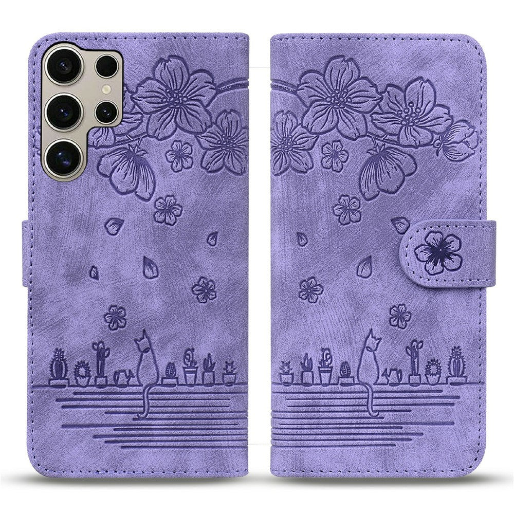 For Samsung Galaxy S26 Ultra Case Cherry Blossom Cat Imprinted Leather Phone Cover with Wrist Strap