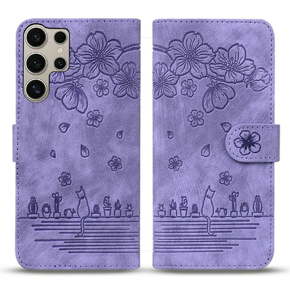 For Samsung Galaxy S26 Ultra Case Cherry Blossom Cat Imprinted Leather Phone Cover with Wrist Strap