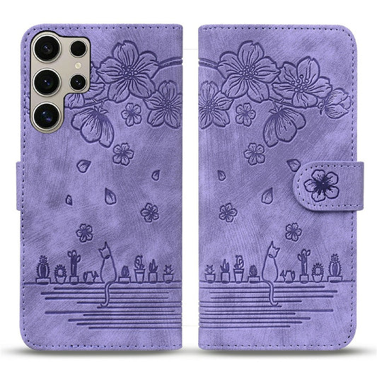 For Samsung Galaxy S26 Ultra Case Cherry Blossom Cat Imprinted Leather Phone Cover with Wrist Strap