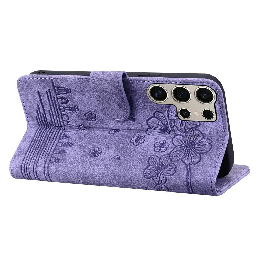 For Samsung Galaxy S26 Ultra Case Cherry Blossom Cat Imprinted Leather Phone Cover with Wrist Strap
