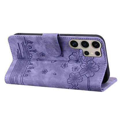 For Samsung Galaxy S26 Ultra Case Cherry Blossom Cat Imprinted Leather Phone Cover with Wrist Strap