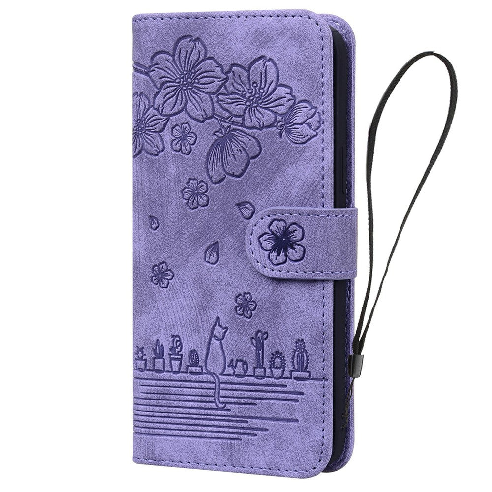 For Samsung Galaxy S26 Ultra Case Cherry Blossom Cat Imprinted Leather Phone Cover with Wrist Strap