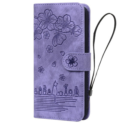 For Samsung Galaxy S26 Ultra Case Cherry Blossom Cat Imprinted Leather Phone Cover with Wrist Strap