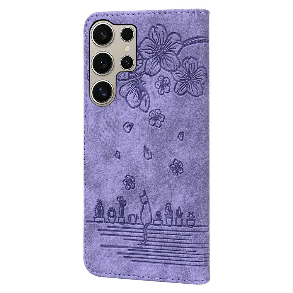 For Samsung Galaxy S26 Ultra Case Cherry Blossom Cat Imprinted Leather Phone Cover with Wrist Strap