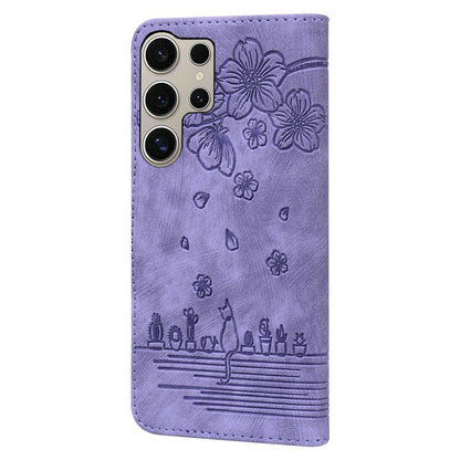 For Samsung Galaxy S26 Ultra Case Cherry Blossom Cat Imprinted Leather Phone Cover with Wrist Strap