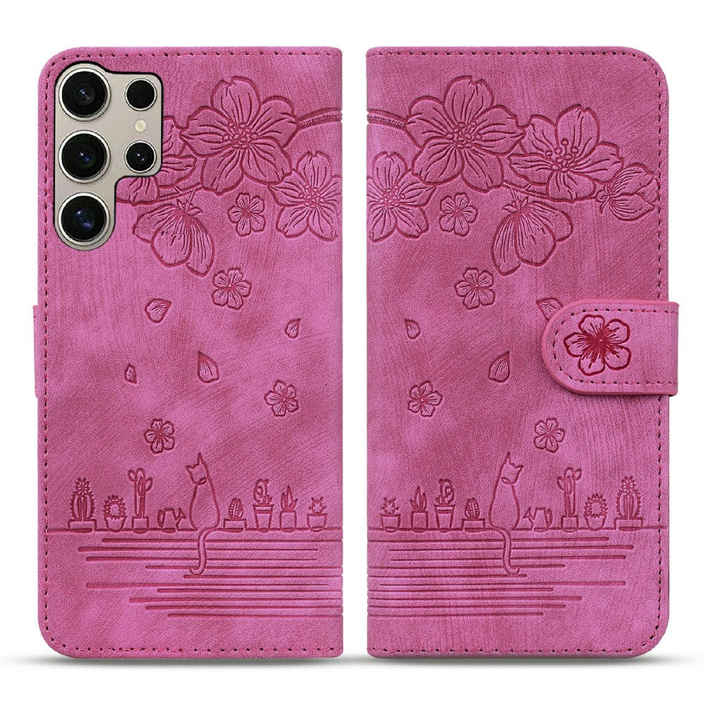 For Samsung Galaxy S26 Ultra Case Cherry Blossom Cat Imprinted Leather Phone Cover with Wrist Strap