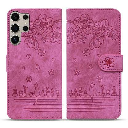 For Samsung Galaxy S26 Ultra Case Cherry Blossom Cat Imprinted Leather Phone Cover with Wrist Strap