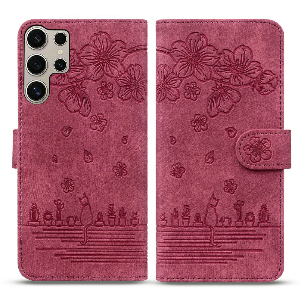 For Samsung Galaxy S26 Ultra Case Cherry Blossom Cat Imprinted Leather Phone Cover with Wrist Strap