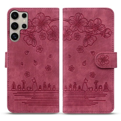 For Samsung Galaxy S26 Ultra Case Cherry Blossom Cat Imprinted Leather Phone Cover with Wrist Strap