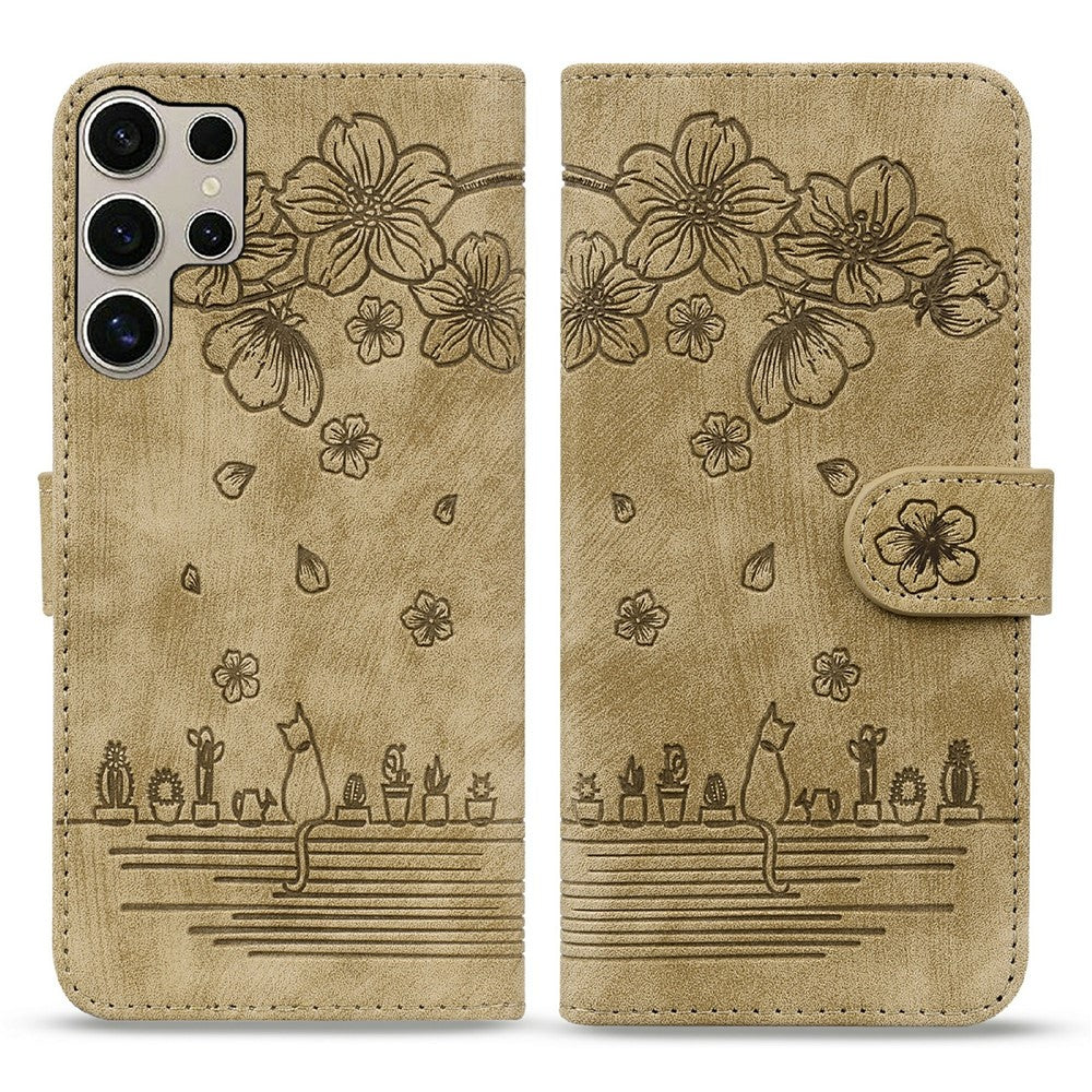 For Samsung Galaxy S26 Ultra Case Cherry Blossom Cat Imprinted Leather Phone Cover with Wrist Strap