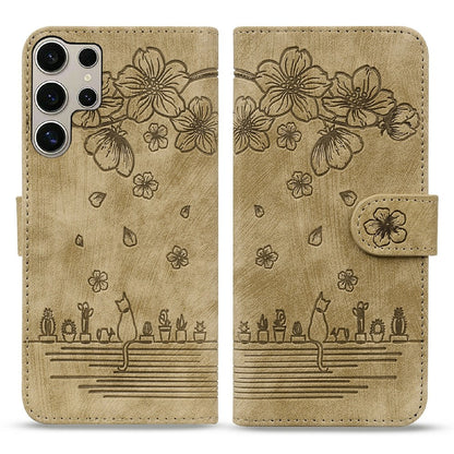 For Samsung Galaxy S26 Ultra Case Cherry Blossom Cat Imprinted Leather Phone Cover with Wrist Strap