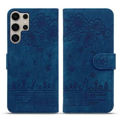 For Samsung Galaxy S26 Ultra Case Cherry Blossom Cat Imprinted Leather Phone Cover with Wrist Strap