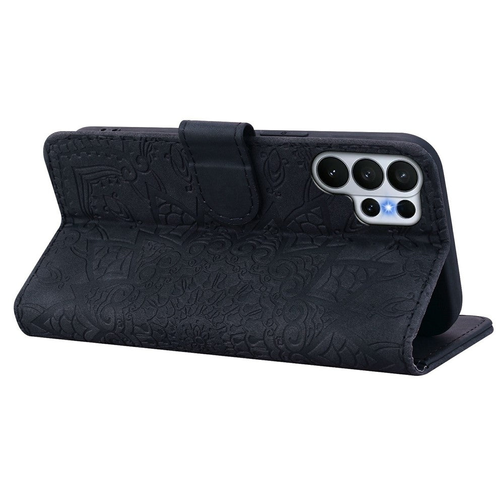 For Samsung Galaxy S26 Ultra Case Flower Imprinted PU Leather Wallet Flip Phone Cover with Wrist Strap